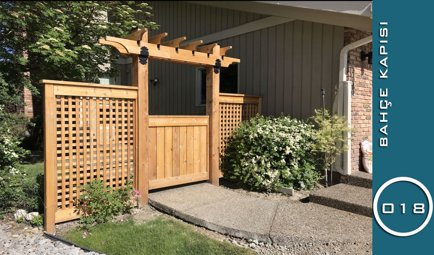 Pergola Taçlı ve Karolajlı Ahşap Bahçe Kapısı (018 Serisi)